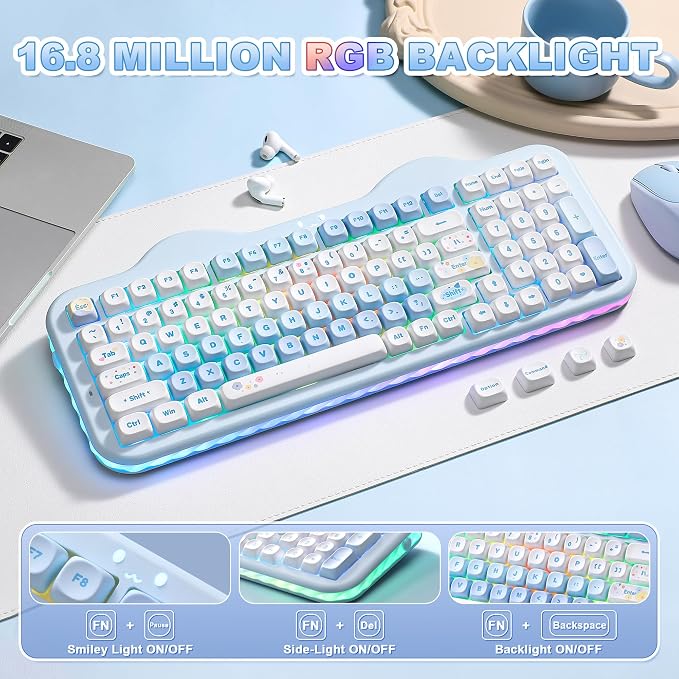 YUNZII C98 Cute Cake Wireless Mechanical Keyboard(Blue, Candy Switch) | 99 Keys with Number Pad, Hot Swap, PBT MOA Keycaps, BT5.0/2.4G/USB-C, Gasket Mount, Custom RGB Backlit for Win/Mac - Image 7