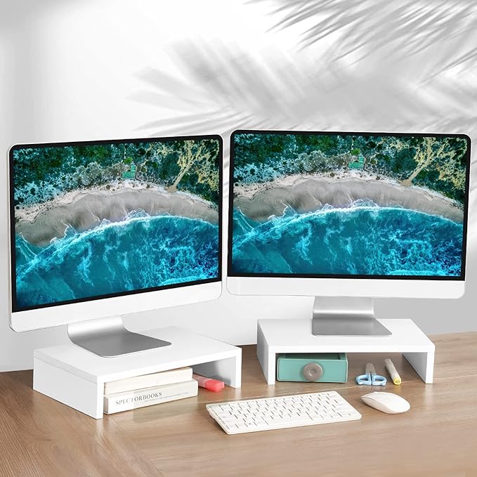 TEAMIX White Monitor Stand Riser - 2 Pack, Wood 2 Tier Adjustable Dual Monitor Riser for Laptop/PC Computer Stand for Desk - Image 2