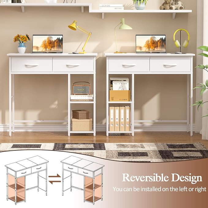 ThreeHio Small Writing Desk with 2 Drawers, White Computer Desk with Storage Shelf, Home Kids Study Table for Small Spaces, Simple Desk for Bedroom, Home Office, Living Room, Dorm, Vanity Desk, White - Image 4