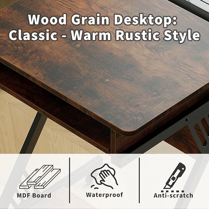 ALISENED Computer Desk for Small Spaces, 23.6" Z-Shaped Compact Study Table with Smooth Keyboard Tray with Wheels and Bottom Shelves for Home Office, Computer Cart Mobile Laptop Cart, Rustic Brown | 23.6" Z-Shaped, with Wheels and Bottom Shelves, for H... - Image 7