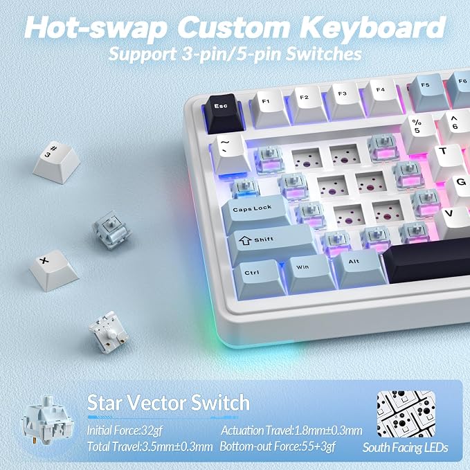 AULA S75 PRO Wireless Mechanical Keyboard with Screen&Knob, 75% Hot Swappable Gaming Keyboard with Pre-lubed Switches, RGB Backlit, PBT Keycaps Creamy Sounding Pc Gaming Keyboards - Image 5