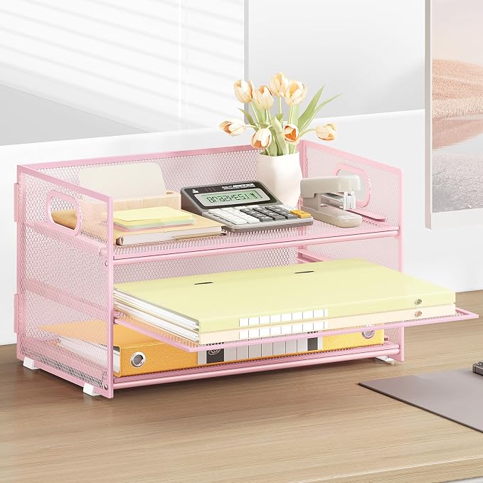 Subekyu 3 Tier Paper Letter Tray Organizer for Desk, Pink Metal Mesh File Folder Sorter Organizer with Handle and 1 PC Sliding Tray for Home Office School Desk Supplies Organization Storage - Image 6