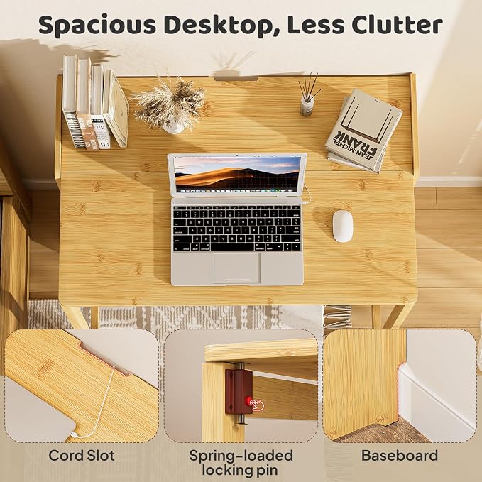 Bamboo Folding Desk for Small Spaces, Small Computer Foldable Desk, Natural | Space Saving Desk for Bedroom Home Office, Mid Century Sofa Table for Couch, Writing Work Office Desk - Image 5