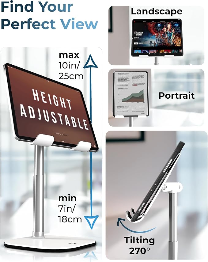 COOPER TabHolder, 7-10" Height Adjustable Tablet Stand, Premium iPad Stand for Desk, 270° Tilt iPad Holder for Desk, Tablet Holder, 15.6-17" Portable Monitor Support (Black) - Image 3