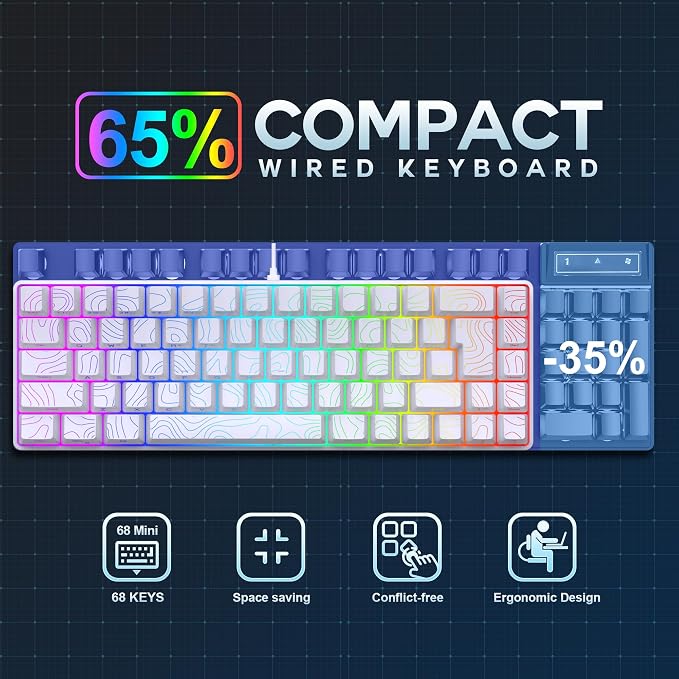 Snpurdiri 65% Wired Gaming Keyboard, 68 Keys RGB (Contour-line, White) | Backlit Ultra-Compact Small Gaming Keyboard, for PC/Mac Gamer, Typist, Travel, Easy to Carry on Business Trip - Image 4