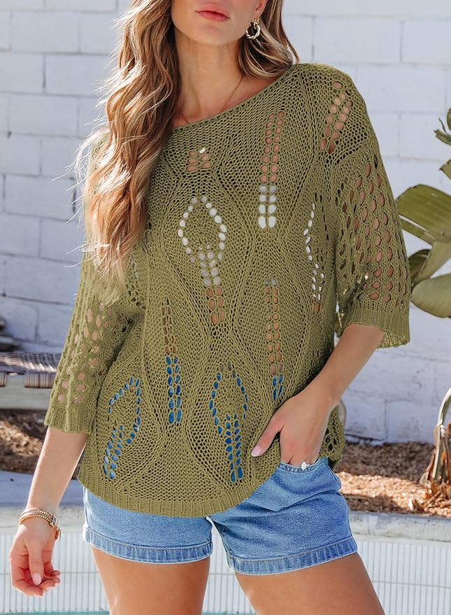 EVALESS Womens Crochet Hollow Out Knit Tops Half Sleeve Spring Summer Sweaters Beach Cover Ups for Women Trendy 2026 - Image 2