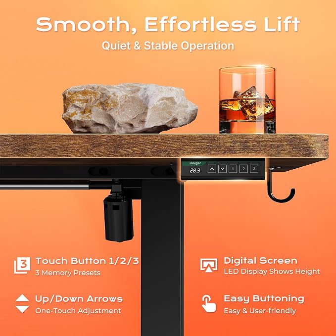 Huuger 71 X 30 Inch Electric Standing Desk with Power Outlets and USB-C Port, Height Adjustable Desk, Sit Stand Desk for Home Office, Computer Desk with 4 Presets, Stable Steel Frame, Rustic Brown - Image 7