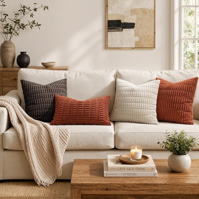MIULEE Fall Pack of 2 Rust Corduroy Decorative Lumbar Pillow Covers 20x12 Inch Soft Boho Striped Throw Pillow Covers Modern Farmhouse Home Decor for Sofa Living Room Couch Bed - Image 3