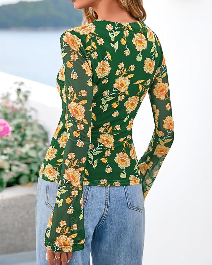 BTFBM Button Down Shirts for Women 2026 Fall Boho Tops V Neck Long Sleeve Blouses Ruched Mesh Fitted Fashion Clothing - Image 3