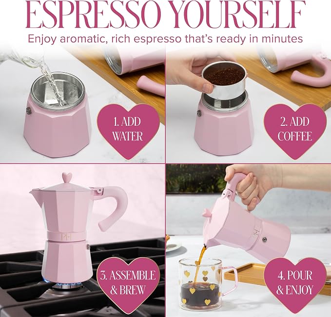 Paris Hilton Stovetop Espresso and Coffee Maker, Italian & Cuban Style Coffee Pot with Iconic Heart Knob, Perfect for Rich Aromatic Espresso, Makes up to 6 Espresso Cups, Pink - Image 6
