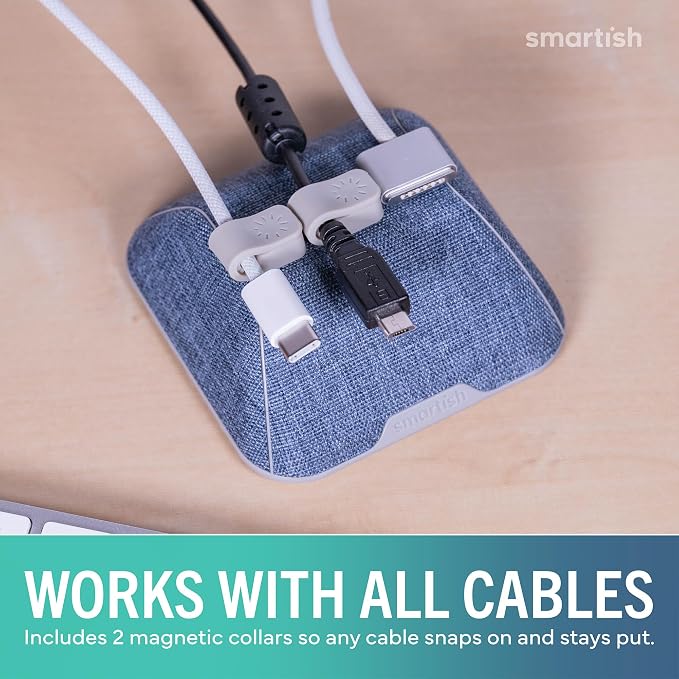 Smartish® Magnetic Cord Holder - Cable Wrangler Organizer with Magnet Clips for Charger Management on Desktop, Nightstand for USB-C + Lightning - Blue Jeanie - Image 6
