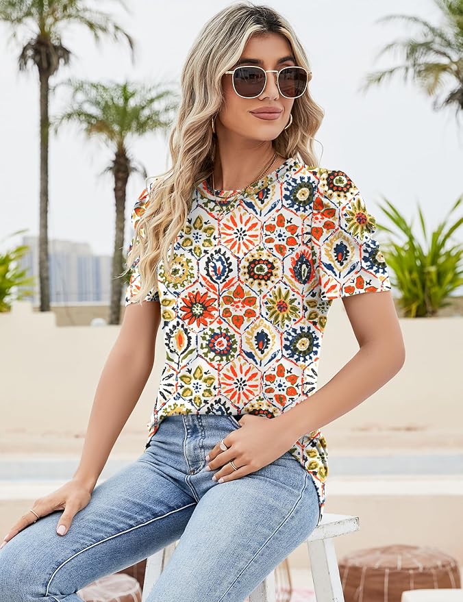 Ivicoer Puff Short Sleeve Shirt for Women Eyelet Tops Summer Crewneck Blouse Loose Fit S-XXL - Image 5