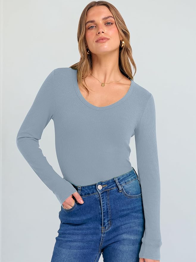 ANRABESS Long Sleeve V Neck Shirts for Women | Soft Comfy Ribbed Knit Fitted Tshirts, Casual Going Out Tops, 2026 Trendy Basic, Fall Winter Underscrub Layering Clothes - Image 2