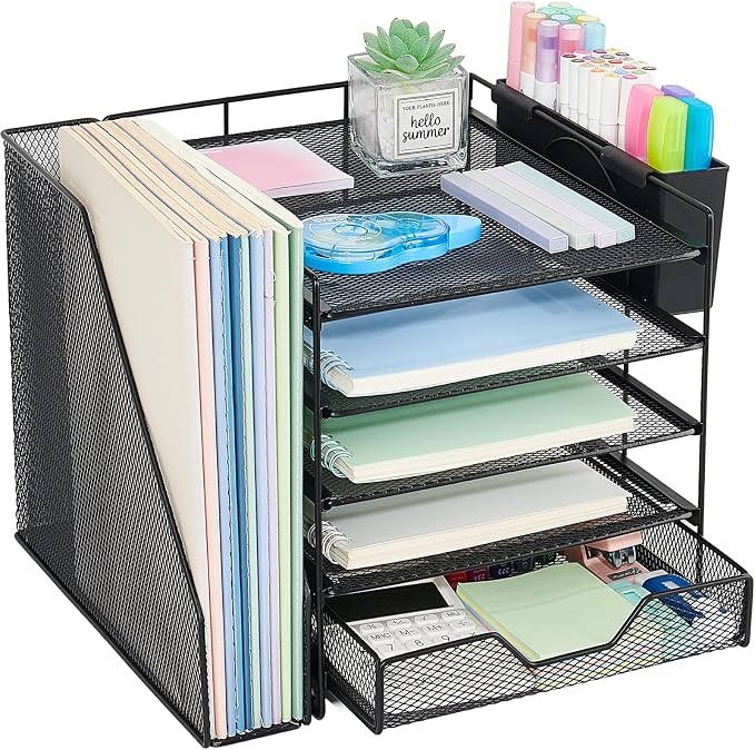 Desk Organizers and Accessories, 5-Tier Paper Letter Tray Organizer with File Holder, Drawer & Pen Holder, Office Desk Accessories, Desktop Organizer for Classroom Office Supplies, Black by Illuminatinglifewiththewarmthandloveoflight