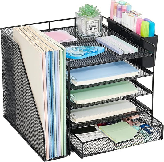Desk Organizers and Accessories, 5-Tier Paper Letter Tray Organizer with File Holder, Drawer & Pen Holder, Office Desk Accessories, Desktop Organizer for Classroom Office Supplies, Black by Illuminatinglifewiththewarmthandloveoflight