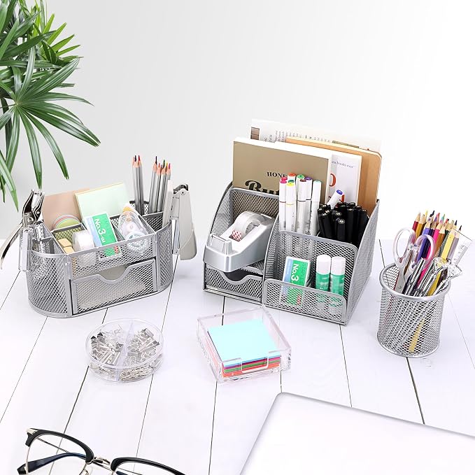 17 in1 Silvery Desk Organizers and Accessories Set, 3 Office Desk Supplies Storage Organization, 4 Pens, Stapler, Staples & Remover, Tape & Dispenser, Scissors, Ruler, Clips, Hole Punch Back to School - Image 6
