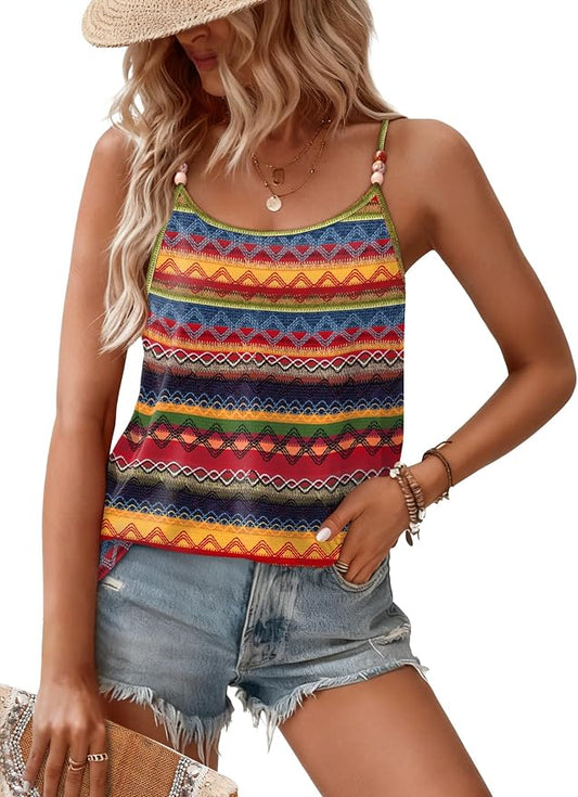 WIHOLL Tank Tops for Women Beaded Spaghetti Strap Cami Flowy Scoop Neck Sleeveless Summer Beach Vacation Spring Clothes by WIHOLL