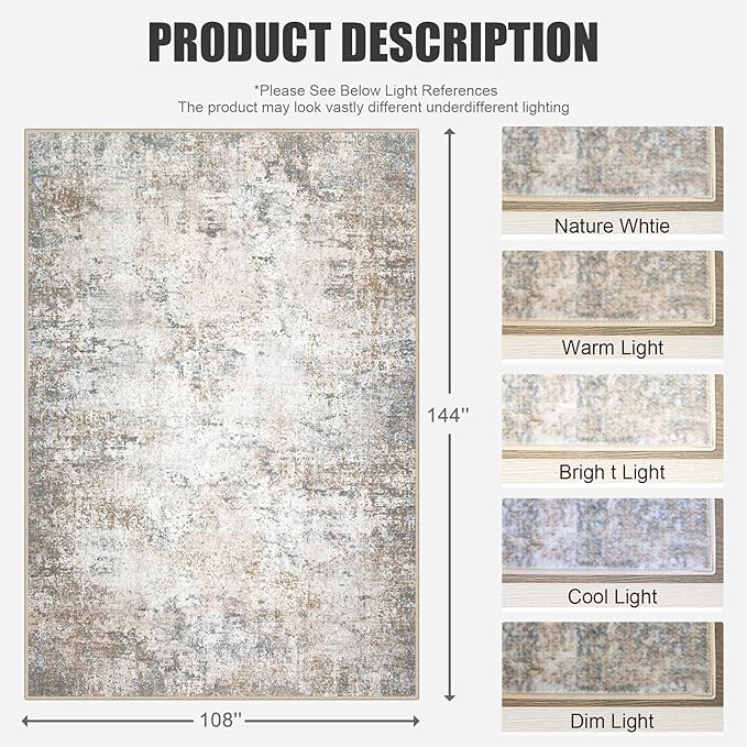 9x12 Area Rug Living Room Rug: Washable Modern Abstract Soft Thin Rug Indoor Floor No Slip Stain Resistant Carpet for Bedroom Dining Room Farmhouse Nursery Home Office - Brown Grey - Image 2