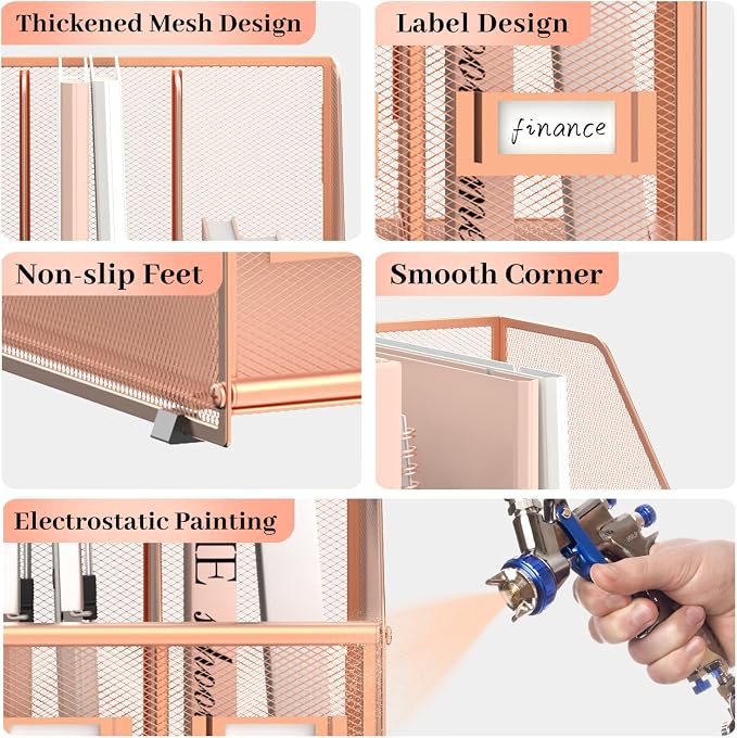 SUPEASY Desk Organizers Metal Desk Magazine File Holder with 5 Vertical Compartments Rack File Organizer for Office Desktop, Home Workspace, Rose Gold, Plus - Image 4