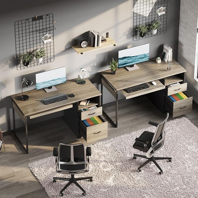 Bestier 48” Computer Desk with Drawers, Office Desk with Storage, Industrial Wood Writing Desk with File Drawer, Keyboard Tray & 2 Hooks for Home Office & Studio, Gray - Image 8