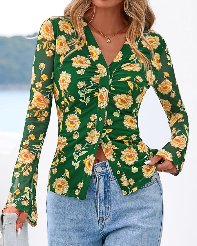 BTFBM Button Down Shirts for Women 2026 Fall Boho Tops V Neck Long Sleeve Blouses Ruched Mesh Fitted Fashion Clothing - Image 7