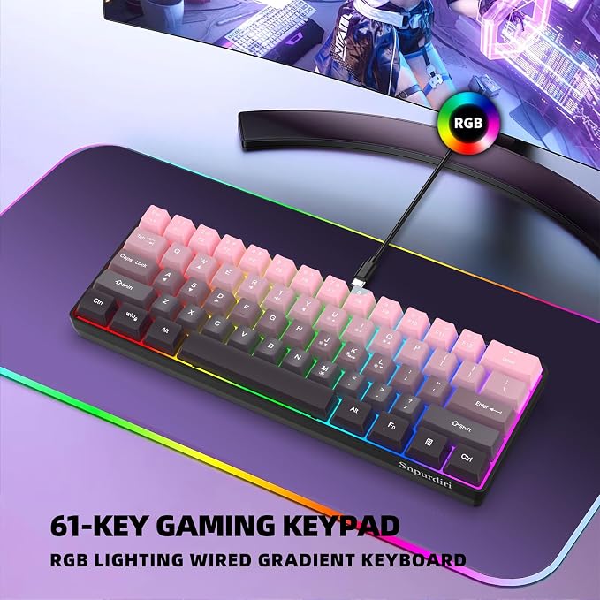 Snpurdiri 60% Wired Gaming Keyboard, Pink-Black | 61 Keys, RGB Backlit Ultra-Compact Small Gaming Keyboard for PC/Mac Gamer, Typist, Travel, Easy to Carry on Business Trip - Image 9