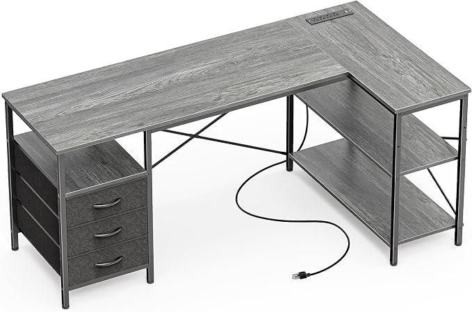 Huuger L Shaped Office Desk with Power Outlets, 55 Inch Computer Desk with 3 Drawers, Shelves, Reverisble for Gaming Corner Work Home Office Study, Grey by Huuger