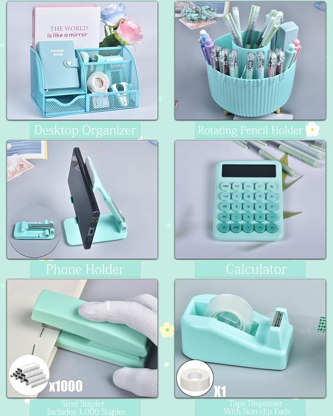 LXEVIHK 21Pcs Green and Blue Desk Organizers and Accessories With Mesh Desk Organizer and 360°Rotating Pen Holder and a Lot of Office Green Office Supplies Beautifully Presented in a Gift Box - Image 3