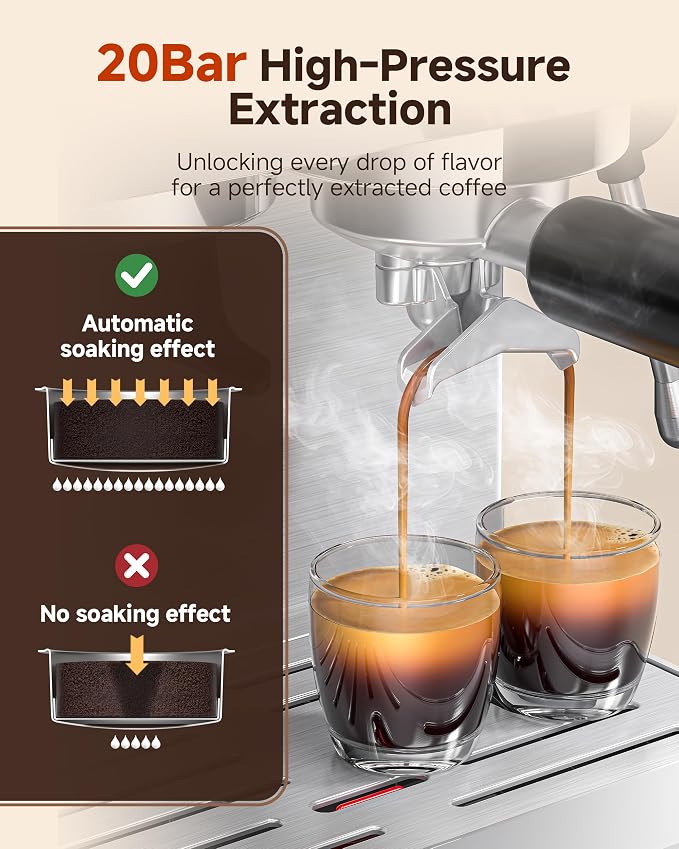AMZCHEF Espresso Machine With Grinder, Temp Control, 44 Grind Settings | Hot & Cold Brew, Cappuccinos & Lattes, Built-in Grinder, Milk Frother, Touch Screen, Easy to Clean, Compact Design, Silver - Image 3