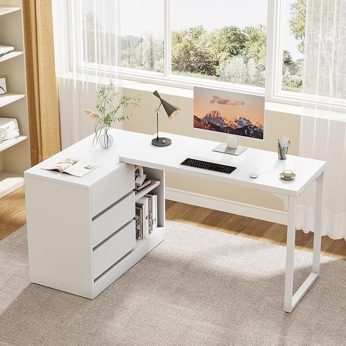 Tribesigns L-Shaped Computer Desk with Drawers and Shelves, Reversible White Corner Office Desk with Storage Cabinet, Modern Study Writing Table for Home Office, Bedroom - Image 8