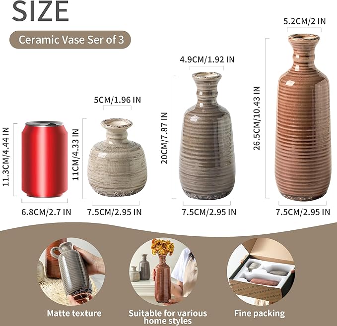 Ceramic Vases Set of 3, Neutral Rustic Farmhouse Vases Home Decor Decorative Flower Vase Modern Boho Pampass Vase for Table Mantel Entryway Shelf Living Room Kitchen Bathroom - Brown - Image 2