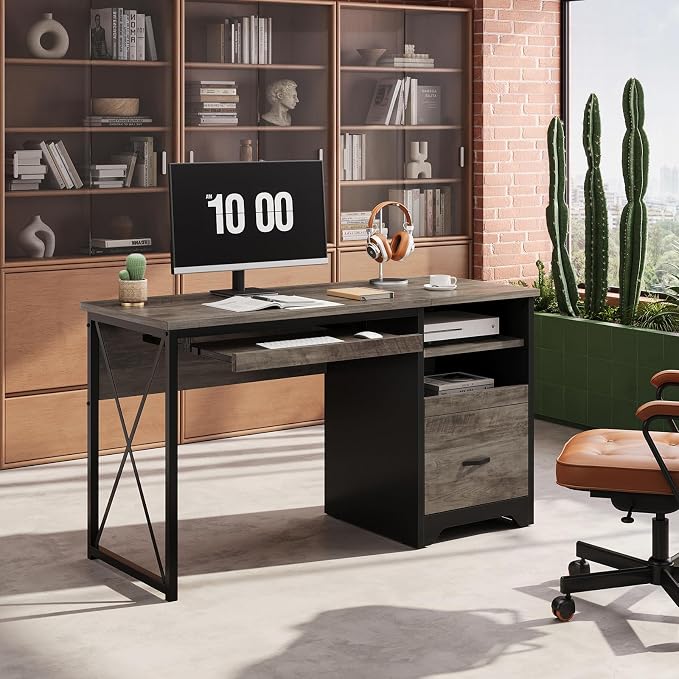 Bestier 47" Office Desk with Drawers, Industrial Computer Desk with Drawer, Reversible Teacher Desk with Storage & Keyboard Tray for Small Space Home Office & Studio, Gray Wash | 47 Inch Desktop With File Drawer, Open Storage, Keyboard Tray And Reversi... - Image 5
