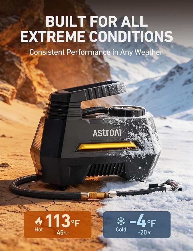 AstroAI AIRUN H Tire Inflator Portable Air Compressor,9.8Ft Cord-12VDC-Powered Auto Shut-Off,Fast Inflation Electric Air Pump for Car Tires-Car Accessories with Digital Pressure Gauge,LED Light,Yellow - Image 6