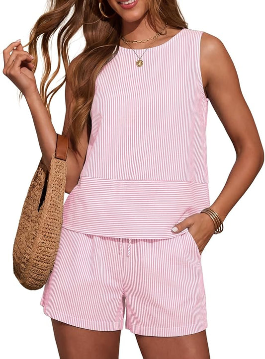 LOMON Women's Trendy 2 Piece Outfits Shorts Sets Summer Crew Neck Sleeveless Tank Top and Bottom Matching with Pockets 2026 by LOMON