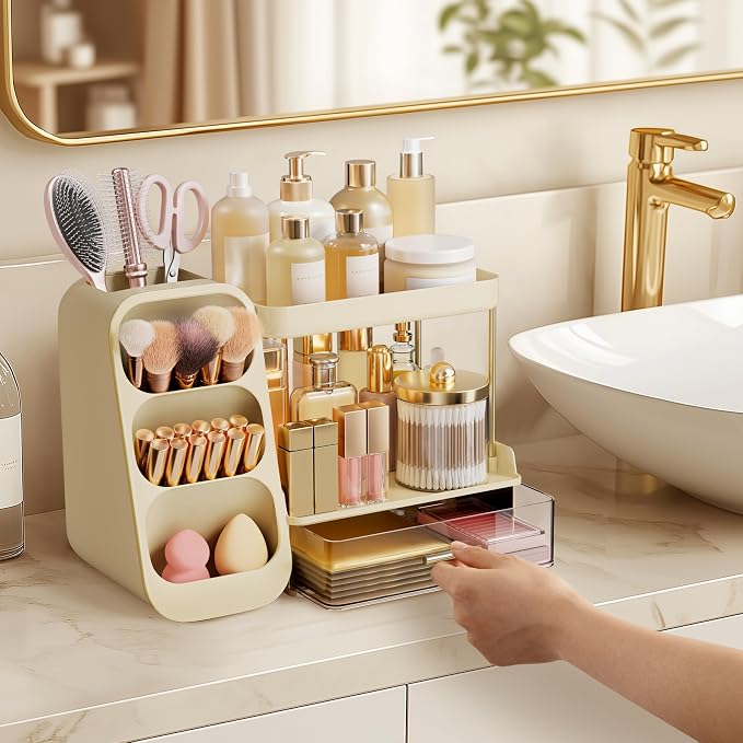 HBlife Bathroom Organizers and Storage with Brush Holder for Vanity, 3 Tier Plastic Makeup Organizer for Dresser Counter, Skincare, Lipstick, Perfume, and Cosmetic Storage, Beige - Image 5