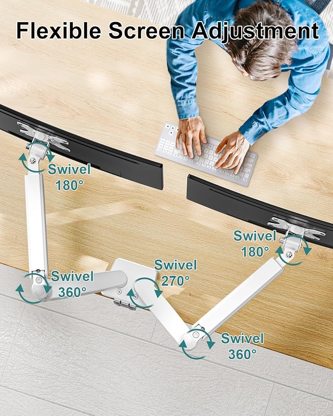 Dual Monitor Arm Desk Mount Fits 13 to 32 inch Computer Screens, Holds 4.4 to 19.8lbs Display VESA Mount, Adjustable Double Monitor Stand with Clamp/Grommet Base, 75/100mm Bracket, White, Freelift - Image 3