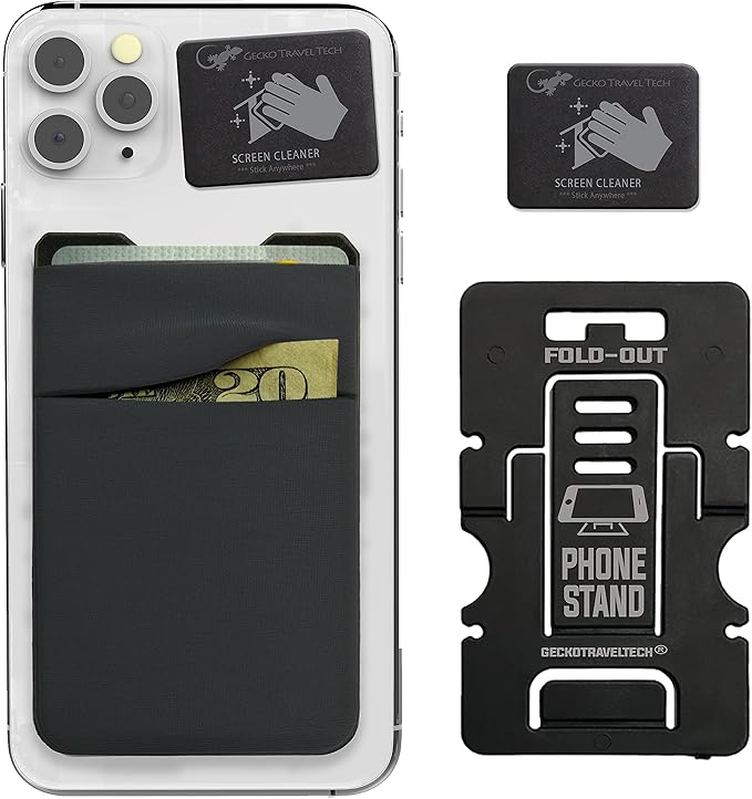 Gecko Travel Tech Double Pocket - Adhesive Card Holder - Cell Phone Pouch - Stick on Spandex Pocket - Carry Credit Cards and Cash (GRAY-BLANK-) by GeckoTravelTech