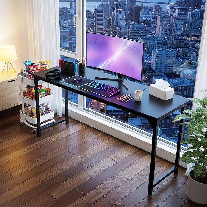 OLIXIS 63 Inch Computer Office Desk for Small Spaces, Writing Gaming Work Desk Modern Study Table with Storage Bag & Headphone Hook Home Bedroom, Black | Computer Writing Workstation, Strong Metal Frame, Small Spaces Home Bedroom Dorm, Black - Image 2