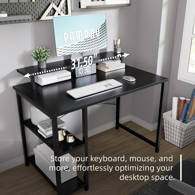 Pamray 33.5 Inch Small Computer Desk with Monitor Stand and Shelves | Sturdy, Space-Saving, Easy Assemblely, Suitable for Bedroom, Office, Apartment and Dorm, Used for Writing and Studying - Image 4