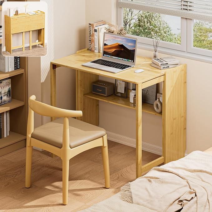 Bamboo Folding Desk for Small Spaces, Small Computer Foldable Desk, Natural | Space Saving Desk for Bedroom Home Office, Mid Century Sofa Table for Couch, Writing Work Office Desk by Usofhaus