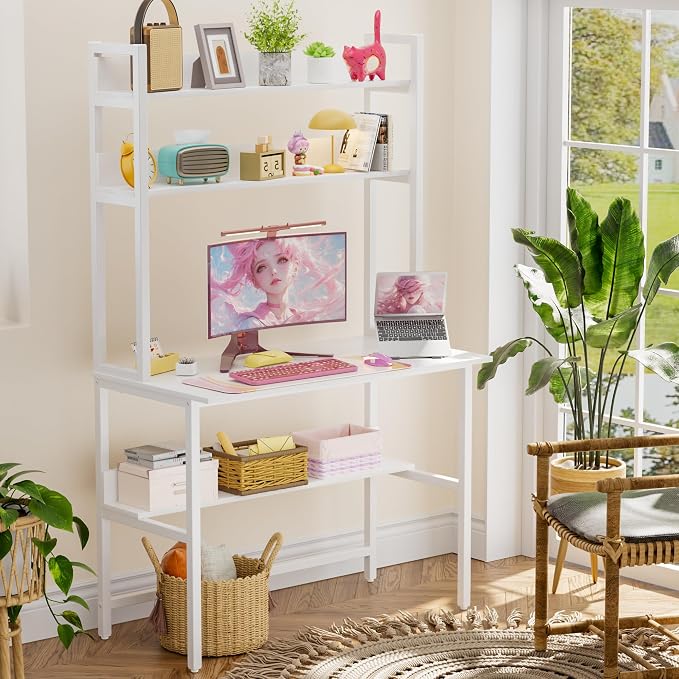 Aquzee Computer Desk with Hutch, 40“W x 19.6" D Desk with Shelves, Tall Home Office Desk with Bookshelf, Metal Legs Study Table with Upper Storage Shelf for Study Writing/Workstation, White - Image 2