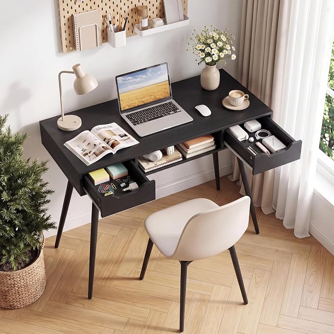 Giantex Mid Century Modern Computer Desk with Drawers, 42.5" Writing Desk with Open Storage Cubby, Vanity Table with Metal Leg, Compact Wooden Study Table for Small Spaces Home Office (Black) - Image 9