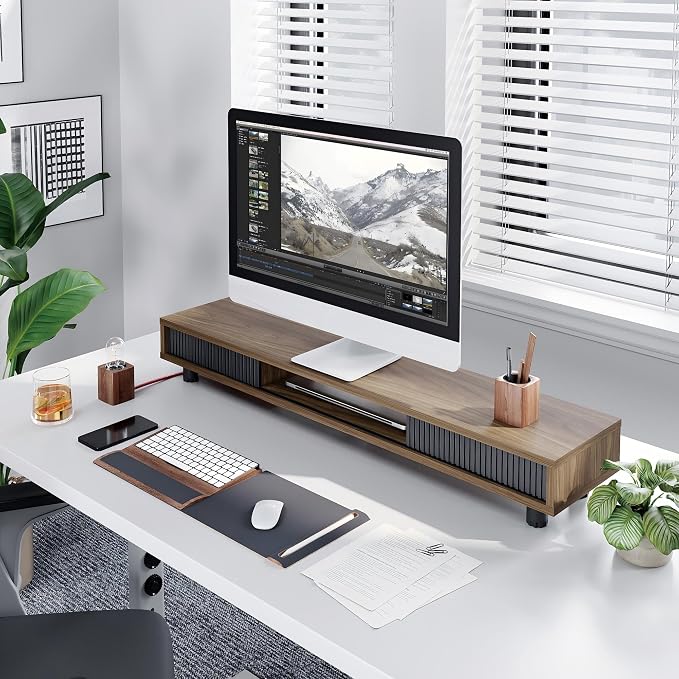 Fenge Dual Monitor Stand, 42.5inch Long Monitor Stands Riser for 2 Monitors, Glass Sliding Door with Storage Organizer Stand for Desk, 2 Tier Desk Shelf for Laptop, Pc, Printer, Computer, TV - Image 5