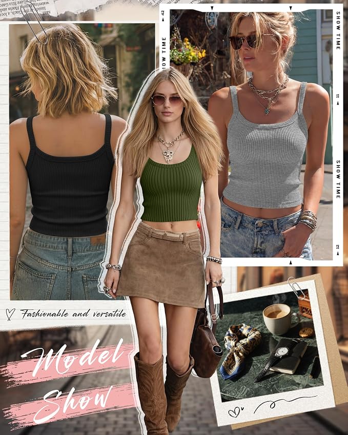 Ficerd 3 Pack Women's Tank Tops 95% Cotton Spaghetti Strap Ribbed Crop Camisole Slim Fitted Basic Summer Sleeveless Layer - Image 3