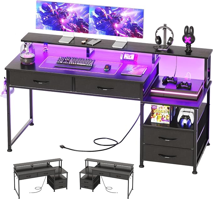 MUTUN 53" Computer Desk with 4 Drawers & Power Outlets, Reversible Home Office Desk with Monitor Stand & Printer Stand, Gaming Desk with Led Lights, Study Writing Work Desk Table for Bedroom (Black) by MUTUN