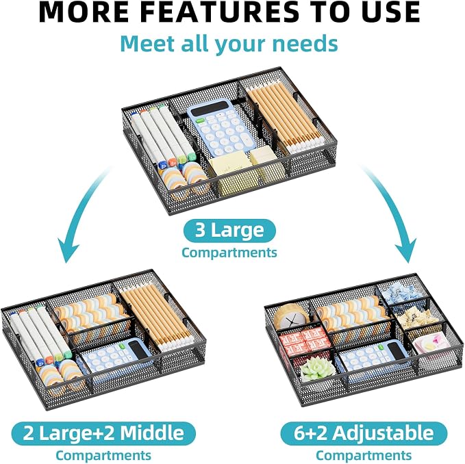 Marbrasse 2 Pack Desk Drawer Organizer, Mesh Drawer Organizer Tray with 8 Adjustable Compartments, Desk Organizers and Accessories, 5 Dividers Drawer for Office Supplies, Makeup & Vanity (Black-2P) - Image 4