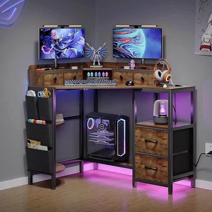 VENNQD Corner Desk with 6 Fabric Drawers Shelves for Small Space Computer Desk with Power Outlets,Gaming Desk with Printer Monitor Stand Storage for Home Office Workstation Writing Table Brown - Image 4