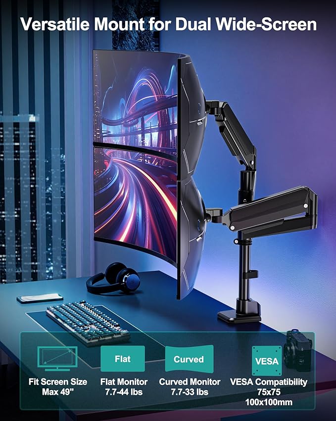 MOUNT PRO Dual Monitor Arm for Max 49" Ultrawide Screens up to 44 lbs, Heavy Duty Extra Tall Monitor Desk Mount, Vertical Stacked Adjustable Dual Monitor Mount, VESA Mount 75x75mm/100x100mm - Image 2