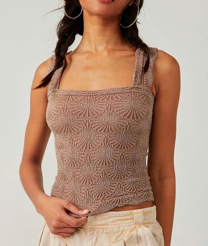 Women's Square Neck Wide Strap Crop Tank Tops Flower Going Out Tops Slim Fit Lettuce Trim Crop Cami Tops - Image 3