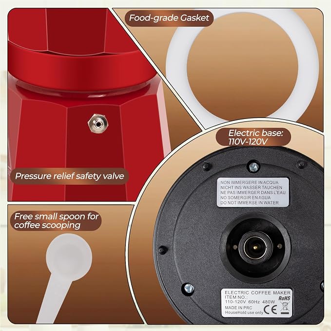 Electric Aluminum Moka Pot 3-6 Cup 150-270ml Espresso Maker | with Detachable Base Ideal Coffee Makers for Home MochaPot Italian and Cuban Café Coffeemaker Espressomaker CoffeePot Red - Image 8
